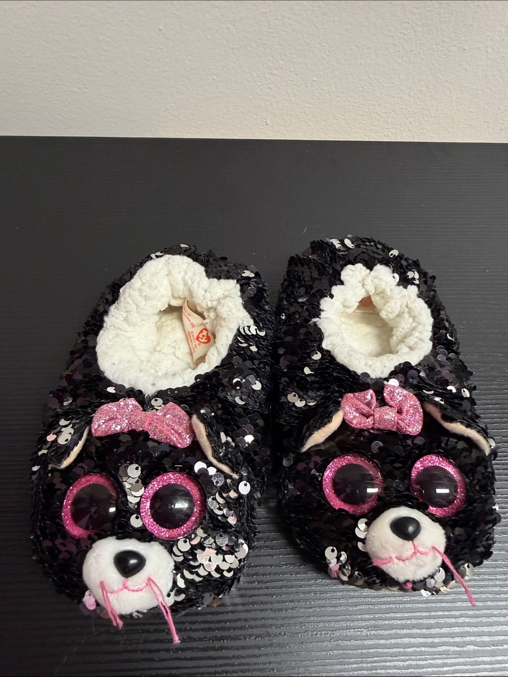Little Girls Sequin Kitty Slippers - Pink Glitter Eyes